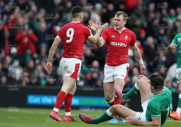 080220 - Ireland v Wales - Guinness 6 Nations - Tomos Williams celebrates scoring a try with Nick Tompkins of Wales