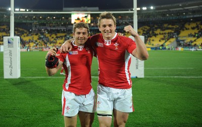 08.10.11 - Ireland v Wales - Rugby World Cup Quarter-Final 2011 - Leigh Halfpenny and Jonathan Davies of Wales celebrate at the end of the game. 