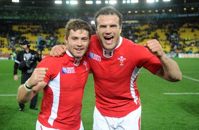 08.10.11 - Ireland v Wales - Rugby World Cup Quarter-Final 2011 - Leigh Halfpenny and Jamie Roberts of Wales celebrate at the end of the game. 