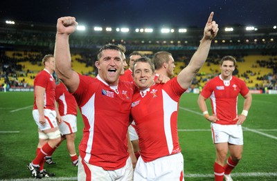08.10.11 - Ireland v Wales - Rugby World Cup Quarter-Final 2011 - Huw Bennett and Shane Williams of Wales celebrate at the end of the game. 