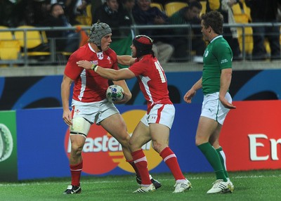 08.10.11 - Ireland v Wales - Rugby World Cup Quarter-Final 2011 - Jonathan Davies of Wales celebrates his try with Leigh Halfpenny. 