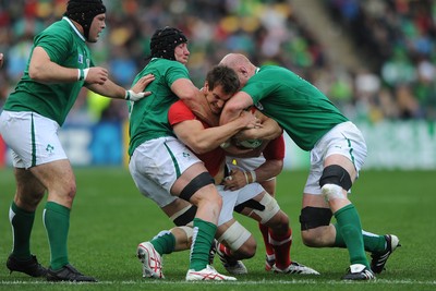 08.10.11 - Ireland v Wales - Rugby World Cup Quarter-Final 2011 - Sam Warburton of Wales is tackled by Stephen Ferris and Paul O'Connell of Ireland 