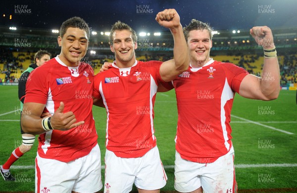 08.10.11 - Ireland v Wales - Rugby World Cup Quarter-Final 2011 - Toby Faletau, Sam Warburton and Dan Lydiate of Wales celebrate at the end of the game. 