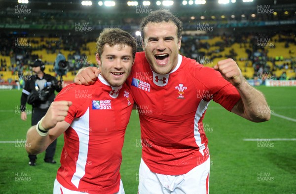 08.10.11 - Ireland v Wales - Rugby World Cup Quarter-Final 2011 - Leigh Halfpenny and Jamie Roberts of Wales celebrate at the end of the game. 