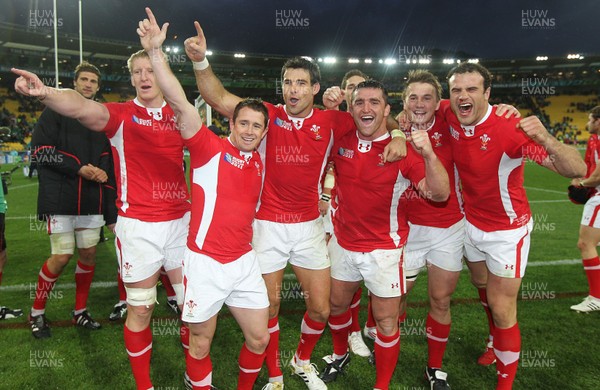 08.10.11 - Ireland v Wales - Rugby World Cup Quarter-Final 2011 - Bradley Davies, Shane Williams, Mike Phillips, Huw Bennett, Jonathan Davies and Jamie Roberts of Wales celebrates at the end of the game. 
