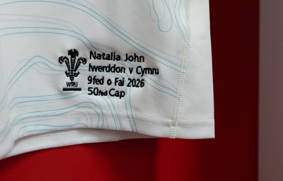 090526 - Ireland v Wales, 2026 Guinness Women’s 6 Nations - Natalia John’s Wales match jersey hangs in the changing room ahead of her 50th cap