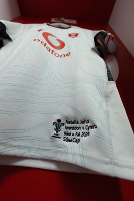 090526 - Ireland v Wales, 2026 Guinness Women’s 6 Nations - Natalia John’s Wales match jersey hangs in the changing room ahead of her 50th cap