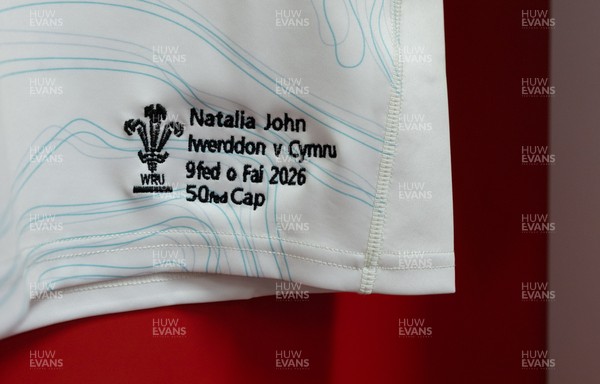 090526 - Ireland v Wales, 2026 Guinness Women’s 6 Nations - Natalia John’s Wales match jersey hangs in the changing room ahead of her 50th cap