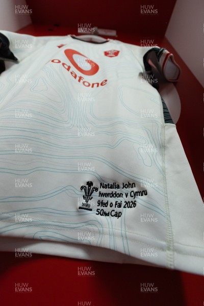 090526 - Ireland v Wales, 2026 Guinness Women’s 6 Nations - Natalia John’s Wales match jersey hangs in the changing room ahead of her 50th cap