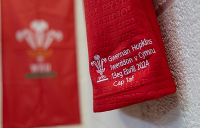 130424 - Ireland  v Wales, Guinness Women’s 6 Nations - Gwennan Hopkins’ Wales match jersey hanging in the team changing room ahead of the match Gwennan Hopkins would win her first cap if she comes on as a replacement 