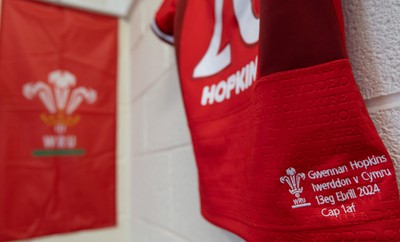 130424 - Ireland  v Wales, Guinness Women’s 6 Nations - Gwennan Hopkins’ Wales match jersey hanging in the team changing room ahead of the match Gwennan Hopkins would win her first cap if she comes on as a replacement 