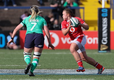 130424 - Ireland  v Wales, Guinness Women’s 6 Nations - Lleucu George of Wales takes on Edel McMahon of Ireland