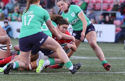 130424 - Ireland  v Wales, Guinness Women’s 6 Nations - Gwennan Hopkins of Wales powers over to score a try on her debut