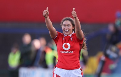 130424 - Ireland  v Wales, Guinness Women’s 6 Nations - Gwennan Hopkins of Wales gives the thumbs after she powers over to score a try on her debut