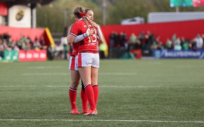 130424 - Ireland  v Wales, Guinness Women’s 6 Nations - Hannah Jones of Wales and Jasmine Joyce of Wales embrace at the end of the match