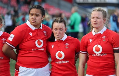 130424 - Ireland  v Wales, Guinness Women’s 6 Nations - Sisilia Tuipulotu of Wales, Sian Jones of Wales and Carys Cox of Wales show the disappointment at the end of the match