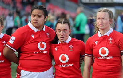 130424 - Ireland  v Wales, Guinness Women’s 6 Nations - Sisilia Tuipulotu of Wales, Sian Jones of Wales and Carys Cox of Wales show the disappointment at the end of the match