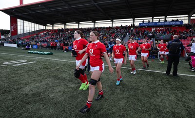 130424 - Ireland  v Wales, Guinness Women’s 6 Nations -Alisha Butchers of Wales and Bethan Lewis of Wales walk out at the start of the match