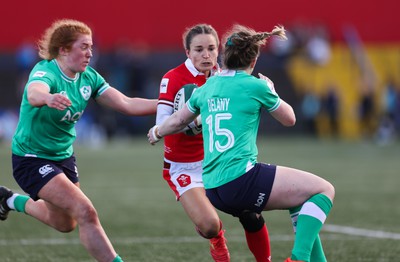 130424 - Ireland  v Wales, Guinness Women’s 6 Nations - Jasmine Joyce of Wales is held short of the line