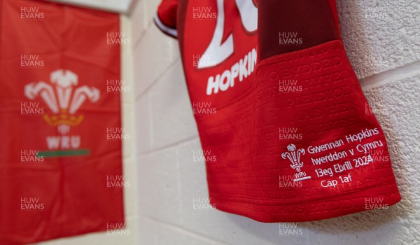 130424 - Ireland  v Wales, Guinness Women’s 6 Nations - Gwennan Hopkins’ Wales match jersey hanging in the team changing room ahead of the match Gwennan Hopkins would win her first cap if she comes on as a replacement 