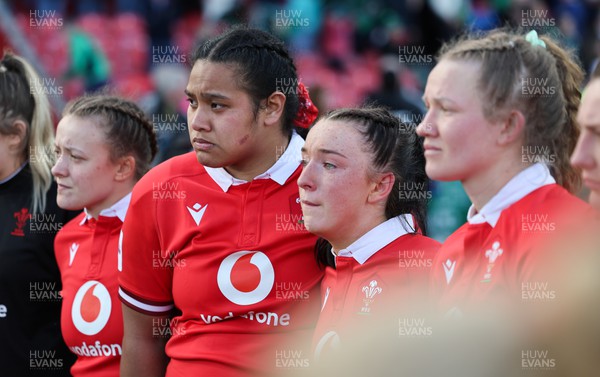 130424 - Ireland  v Wales, Guinness Women’s 6 Nations - Sisilia Tuipulotu of Wales, Sian Jones of Wales and Carys Cox of Wales show the disappointment at the end of the match