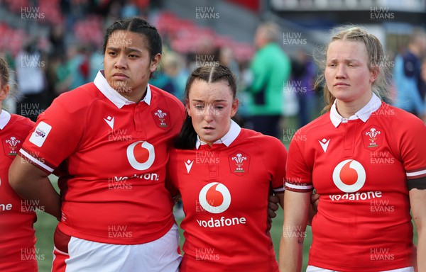 130424 - Ireland  v Wales, Guinness Women’s 6 Nations - Sisilia Tuipulotu of Wales, Sian Jones of Wales and Carys Cox of Wales show the disappointment at the end of the match