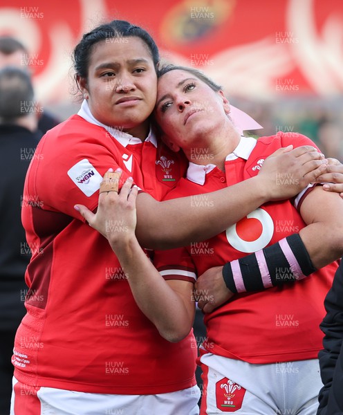 130424 - Ireland  v Wales, Guinness Women’s 6 Nations - Sisilia Tuipulotu of Wales and Georgia Evans of Wales show the disappointment at the end of the match