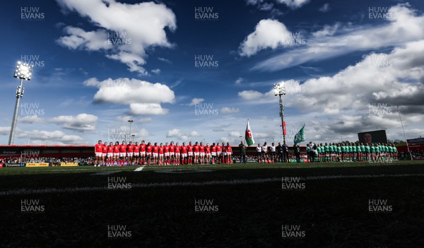 130424 - Ireland  v Wales, Guinness Women’s 6 Nations -The Wales  and Ireland teams line up for the anthems at the start of the match