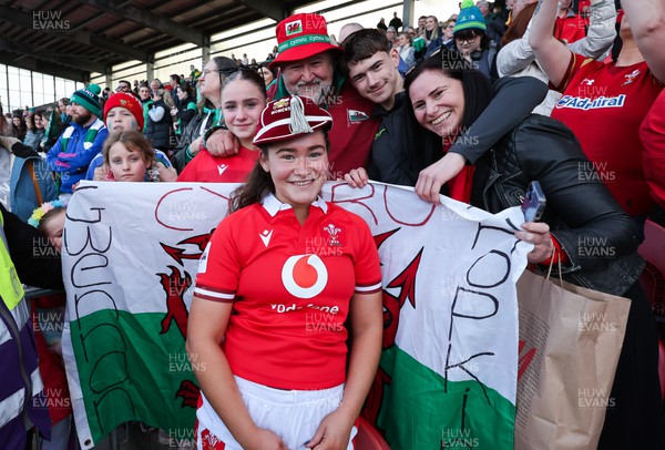 130424 - Ireland  v Wales, Guinness Women’s 6 Nations - Gwennan Hopkins of Wales with her first cap and her family after the match