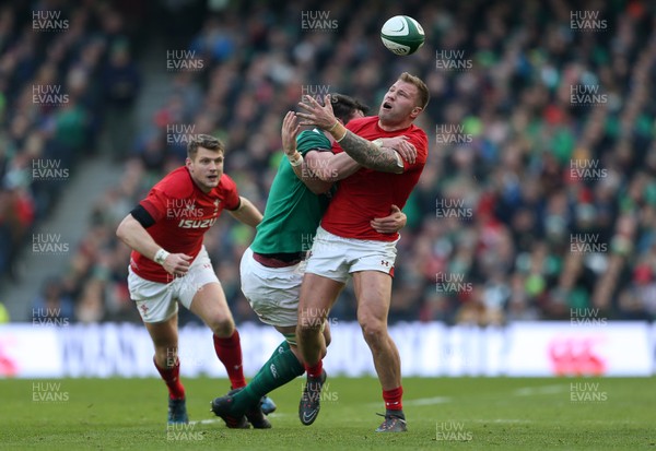 240218 - Ireland v Wales - Natwest 6 Nations - Ross Moriarty of Wales looks on frustrated as he knocks the ball on whilst being tackled by James Ryan of Ireland