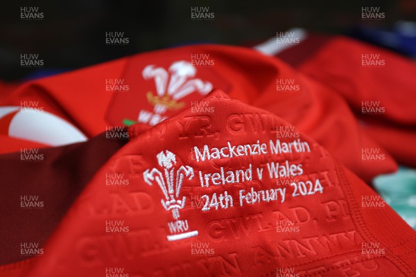 240224 - Ireland v Wales - Guinness 6 Nations Championship - Mackenzie Martin of Wales jersey in the changing room