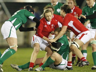 03.02.12 - Ireland Women v Wales Women - Women's Six Nations.Laura Prosser of Wales tackles Amy Davis of Ireland.