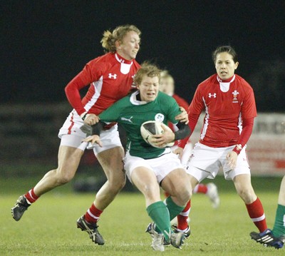 03.02.12 - Ireland Women v Wales Women - Women's Six Nations.Amy Davis of Ireland is tackled by Clare Flowers of Wales.