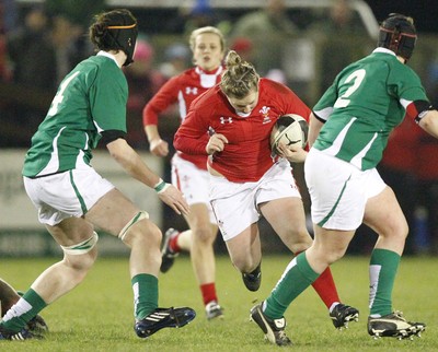 03.02.12 - Ireland Women v Wales Women - Women's Six Nations.Rhian Bowden of Wales is tackled by Marie Louise Reilly of Ireland.