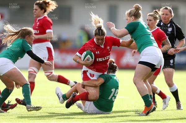 090220 - Ireland Women v Wales Women - Women's 6 Nations Championship - Kelsey Jones of Wales is tackled by Eimear Considine of Ireland
