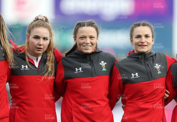 090220 - Ireland Women v Wales Women - Women's 6 Nations Championship - Bethan Lewis, Alisha Butchers and Jazz Joyce of Wales