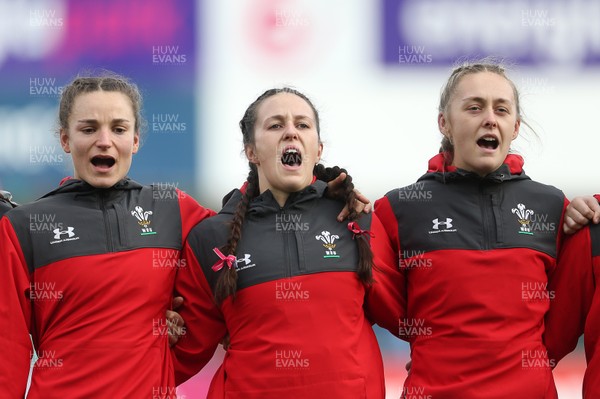 090220 - Ireland Women v Wales Women - Women's 6 Nations Championship - Jazz Joyce, Ffion Lewis and Hannah Jones of Wales