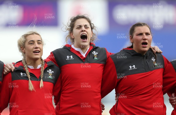 090220 - Ireland Women v Wales Women - Women's 6 Nations Championship - Paige Randall , Natalia John and Gwenllian Pyrs of Wales