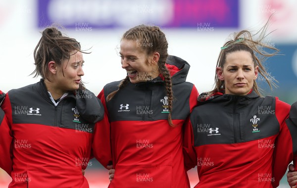 090220 - Ireland Women v Wales Women - Women's 6 Nations Championship - Robyn Wilkins, Lisa Neumann and Kerin Lake of Wales