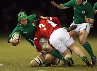 Women's Six Nations Championship 12/3/2010 Ireland Women vs Wales Women Ireland's Orla Brennan tackled by Jenny Davies of Wales  