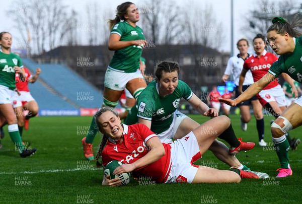 260322 - Ireland Women v Wales Women - TikTok Women’s Six Nations - Hannah Jones of Wales is mobbed by team mates after scoring try