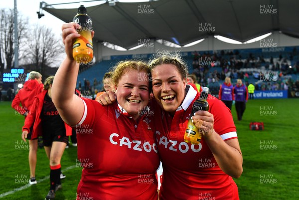260322 - Ireland Women v Wales Women - TikTok Women’s Six Nations - Cara Hope and Kelsey Jones of Wales celebrate at the end of the game