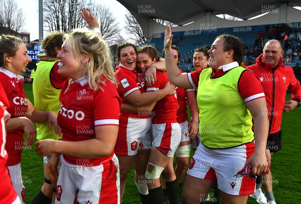 260322 - Ireland Women v Wales Women - TikTok Women’s Six Nations - Gwenllian Pyrs and Lisa Neumann of Wales celebrate at the end of the game