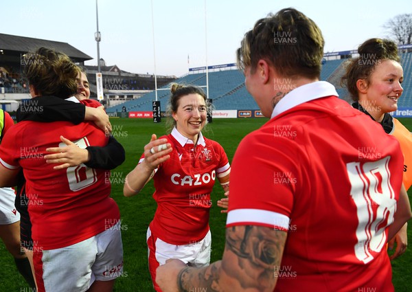 260322 - Ireland Women v Wales Women - TikTok Women’s Six Nations - Keira Bevan and Donna Rose of Wales celebrate at the end of the game