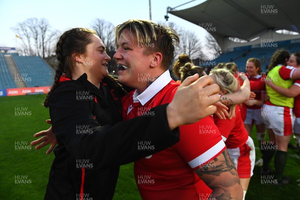 260322 - Ireland Women v Wales Women - TikTok Women’s Six Nations - Caitlin Lewis and Donna Rose of Wales celebrate at the end of the game
