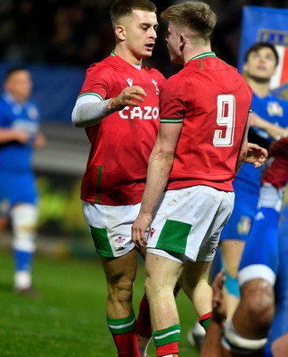 100323 - Italy U20 v Wales U20 - Under 20 Six Nations - Archie Hughes of Wales celebrates scoring a try