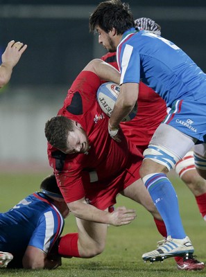 200315 - Italy U20s vs Wales U20s - RBS 6 Nations U20s -Luke Garrett is tackled by Davide Zanetti and Renato Giammaroli