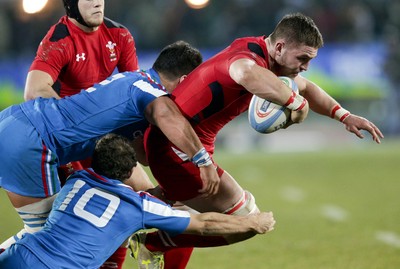 200315 - Italy U20s vs Wales U20s - RBS 6 Nations U20s -Harrison Keddie is tackled by Matteo Minozzi and Maicol Azzolini