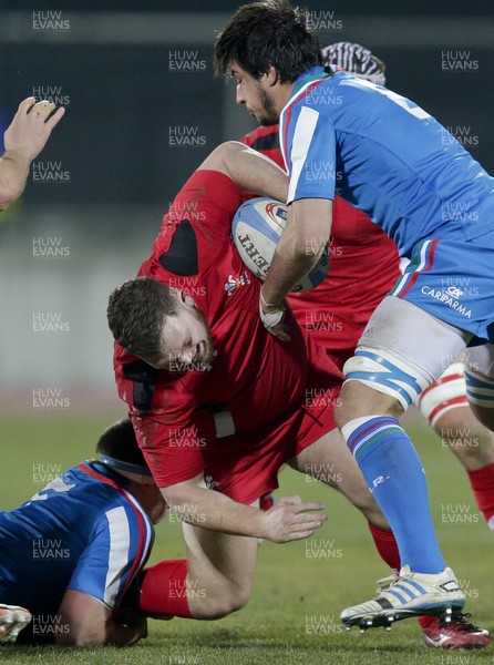 200315 - Italy U20s vs Wales U20s - RBS 6 Nations U20s -Luke Garrett is tackled by Davide Zanetti and Renato Giammaroli