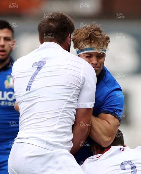 250621 - Italy U20s v France U20s - U20s 6 Nations Championship - Lorenzo Cannone of Italy is tackled by Jean-Baptiste Lachaise and Benjamin Boudou of France